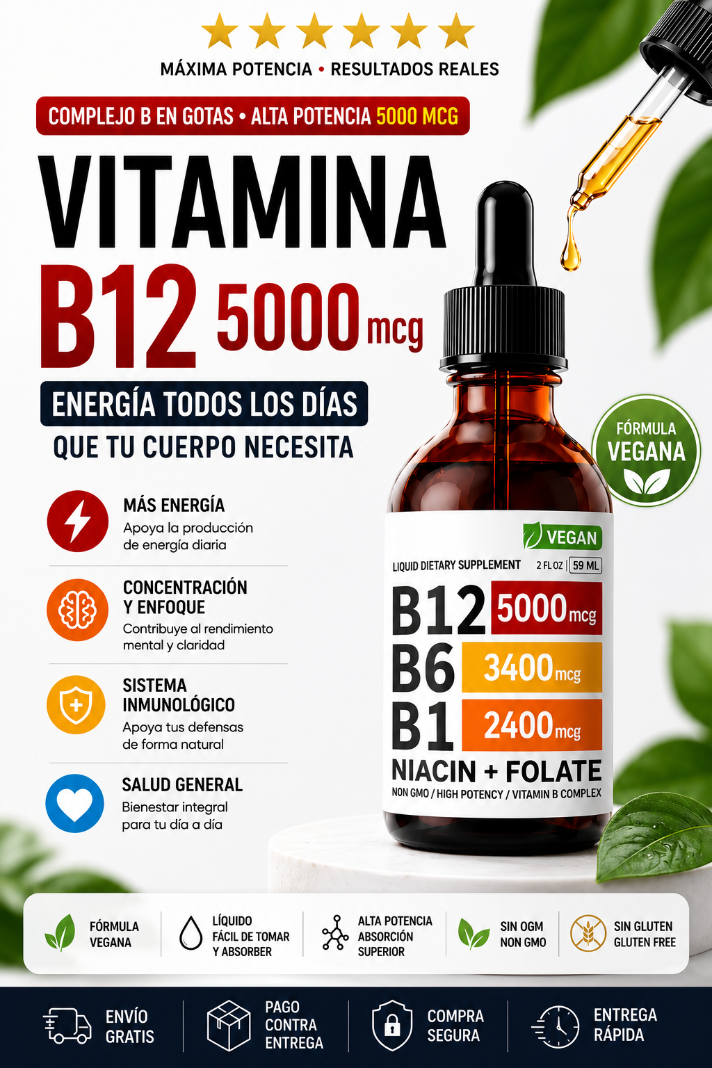 Vitamina B12 Nusava 5000 mcg | Complejo B Líquido con B1, B6, Niacina y Folato