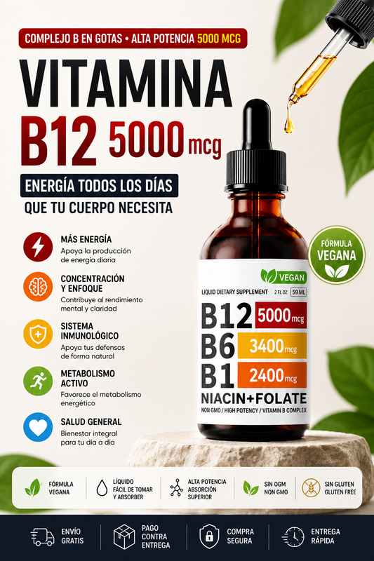 Vitamina B12 Nusava 5000 mcg | Complejo B Líquido con B1, B6, Niacina y Folato