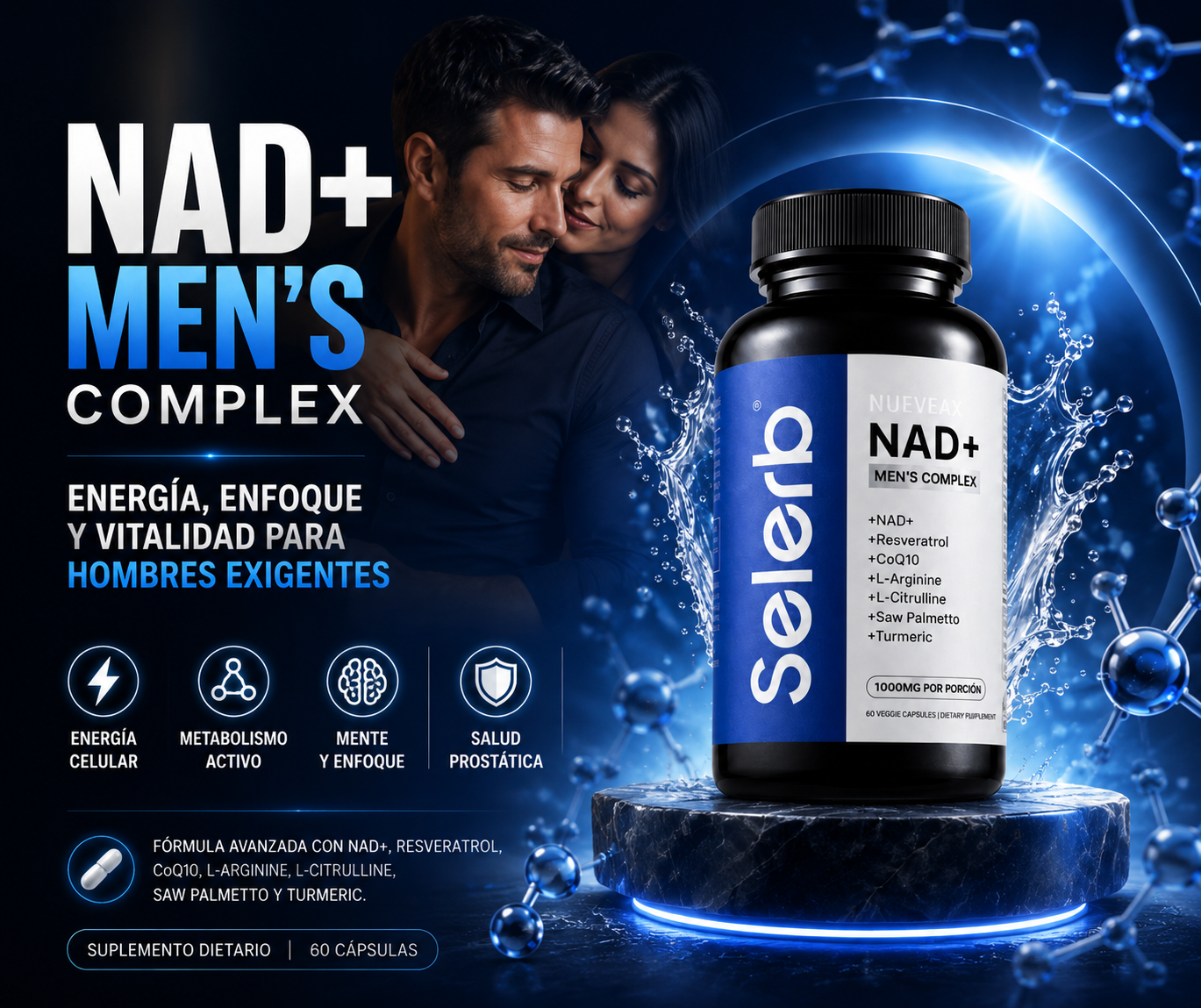 NAD+ Premium para Hombre | Energía, Vitalidad y Rendimiento | 60 Cápsulas