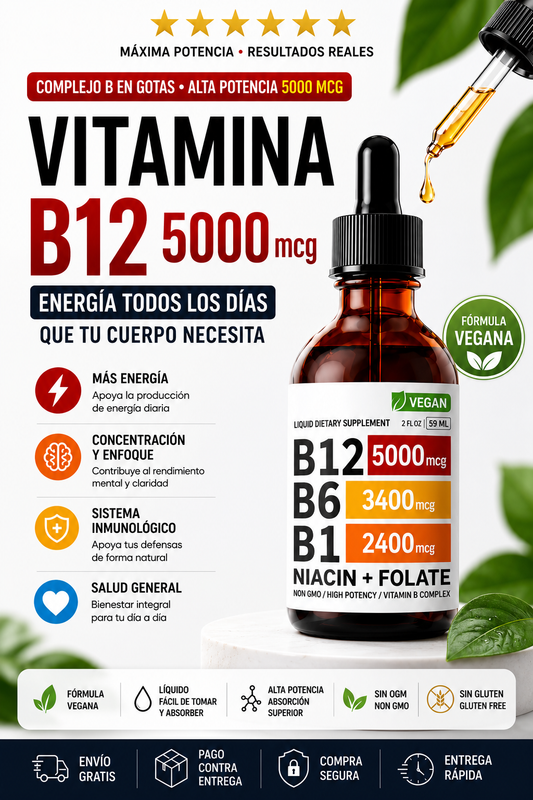 Vitamina B12 Nusava 5000 mcg | Complejo B Líquido con B1, B6, Niacina y Folato